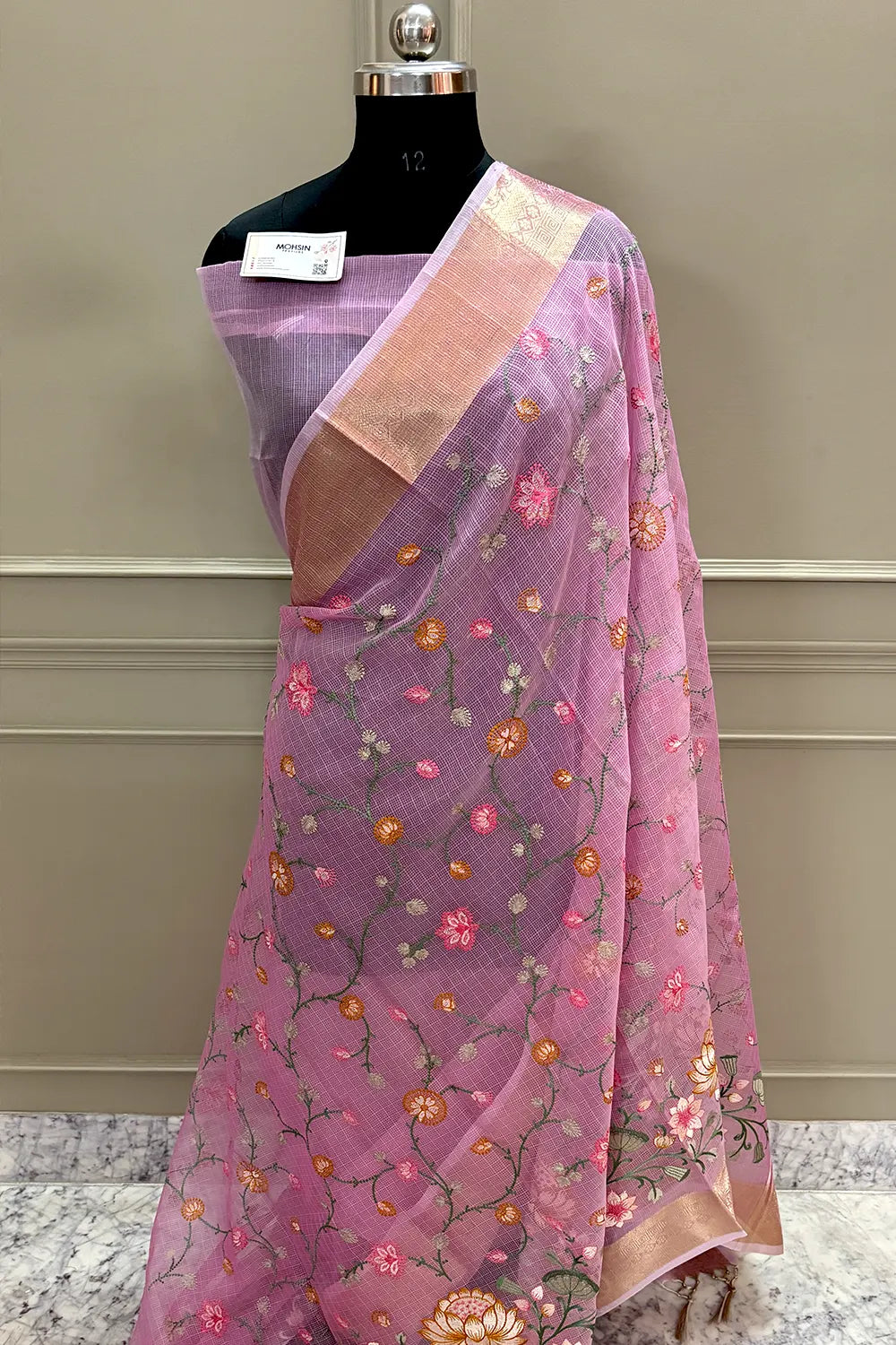 Baby Pink Embordiery Net Silk Banarasi Saree