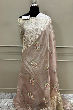 Baby Pink Embroidery Tissue Silk Banarasi Saree