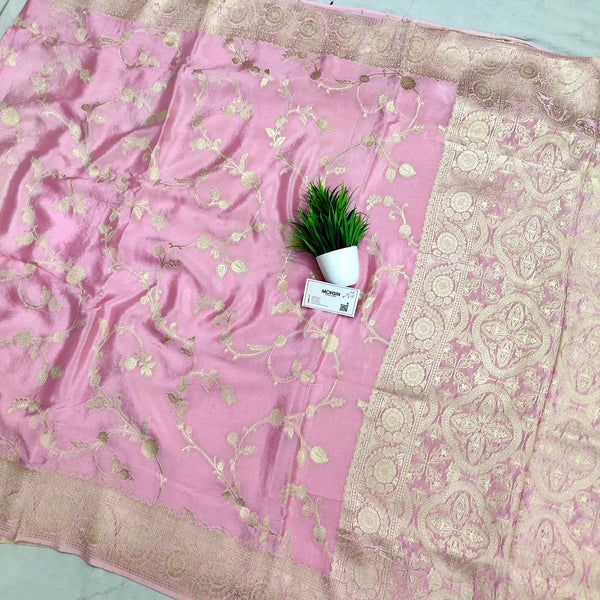 Baby Pink Golden Zari Georgette Silk Banarasi Saree