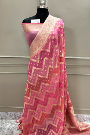 Baby Pink Golden Zari Georgette Silk Banarasi Saree