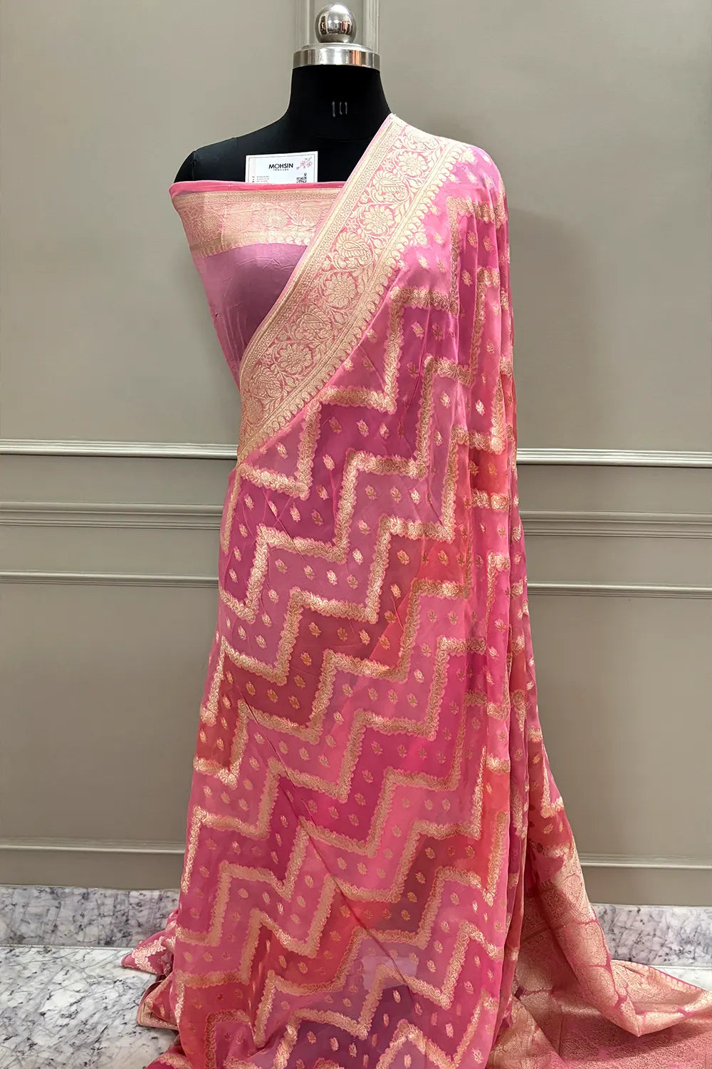 Baby Pink Golden Zari Georgette Silk Banarasi Saree