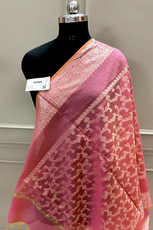 Baby Pink Golden Zari Banarasi Silk Dupatta