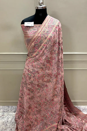 Baby Pink Printed Linen Silk Banarasi Saree