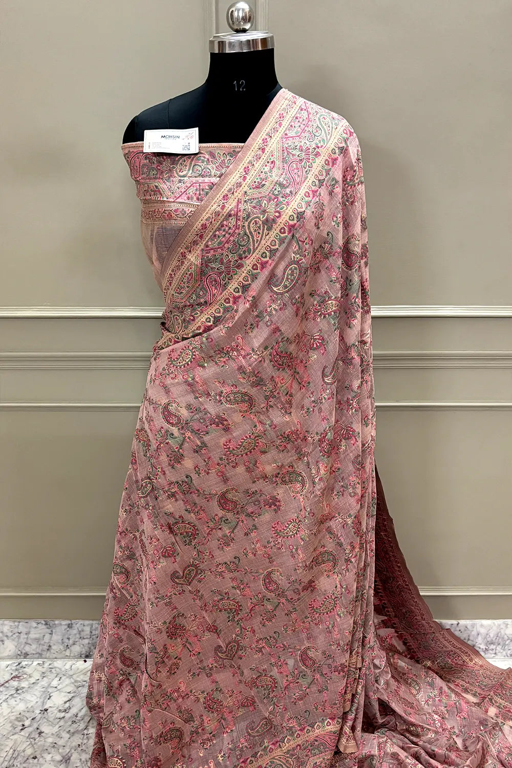 Baby Pink Printed Linen Silk Banarasi Saree