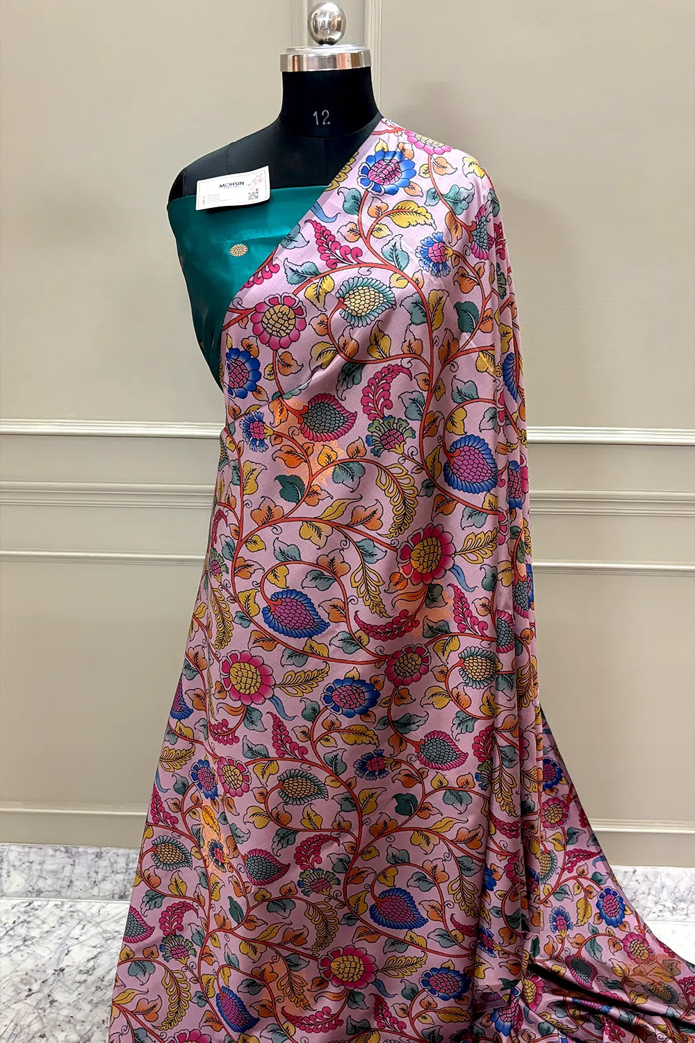 Baby Pink and Teal Printed Silk Saree