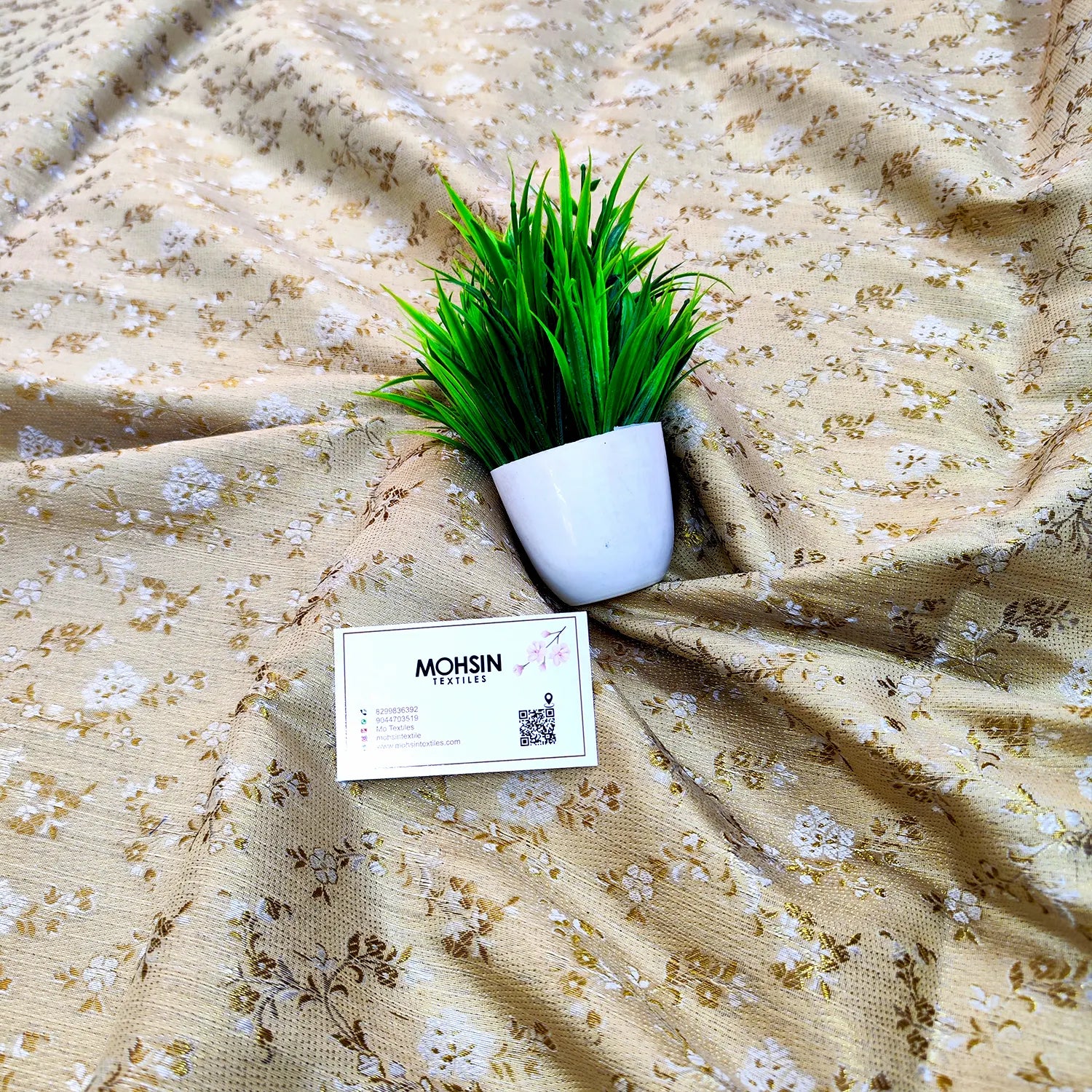 Beige Brocade Cotton Silk Banarasi Fabric