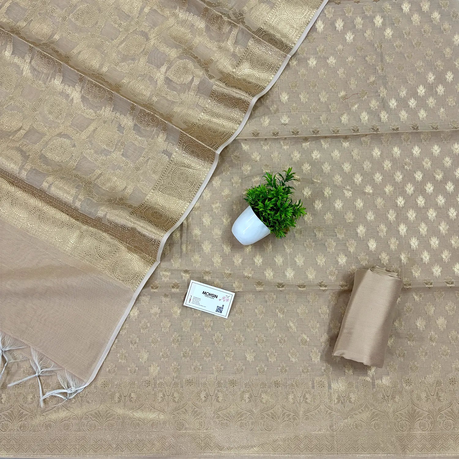 Beige Golden Zari Resham Silk Banarasi Suit