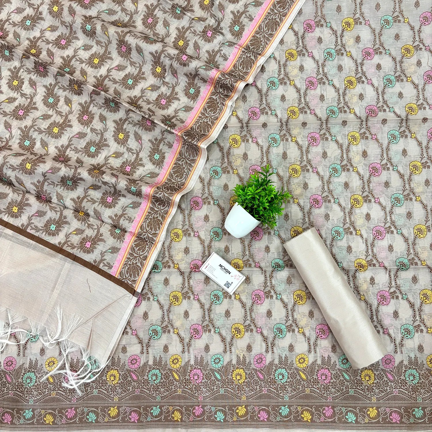 Beige Resham Zari Banarasi Silk Suit