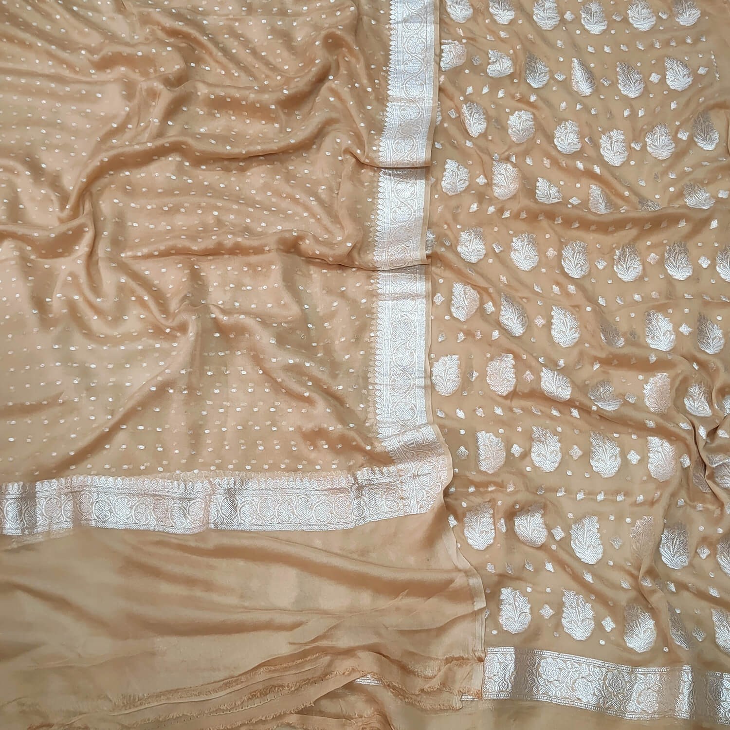 Beige Silver Zari Handloom Georgette Banarasi Suit