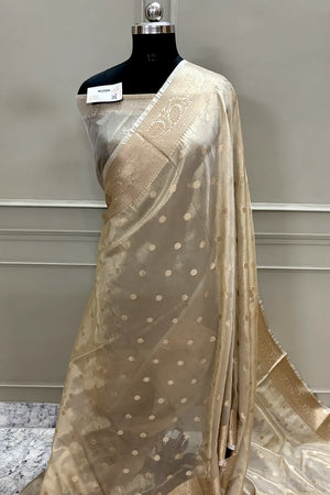 Beige Zari Tissue Silk Banarasi Saree