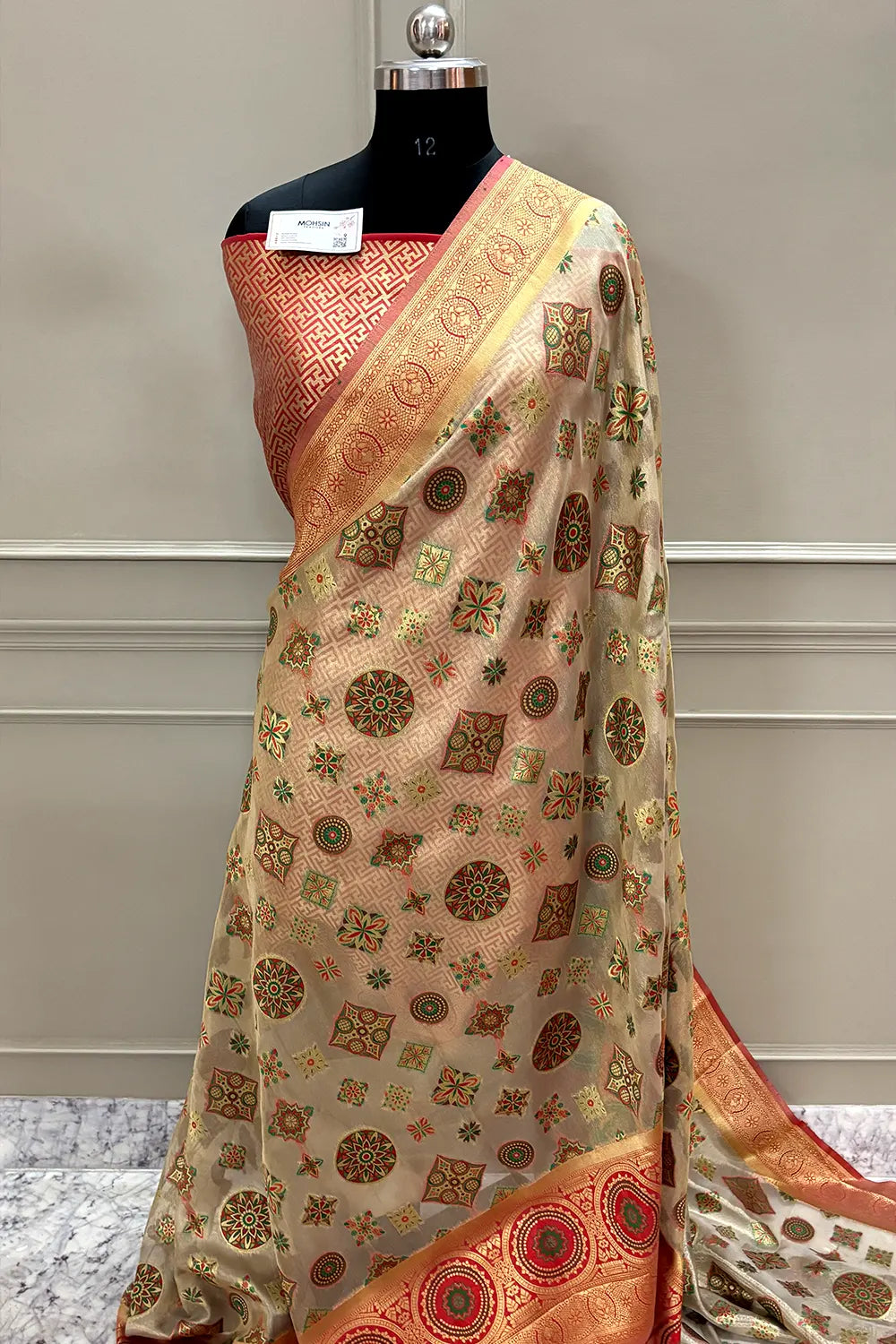 Beige and Maroon Golden Zari Tissue Silk Banarasi Saree