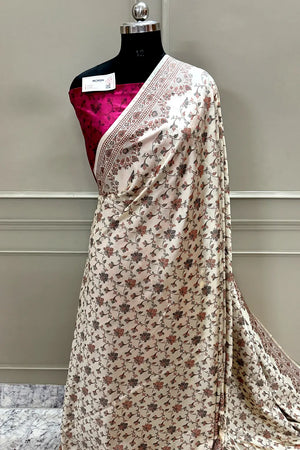 Beige and Pink Resham Silk Banarasi Saree