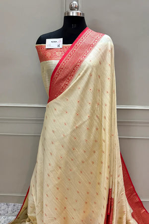 Beige and Red Golden Zari Linen Silk Banarasi Saree