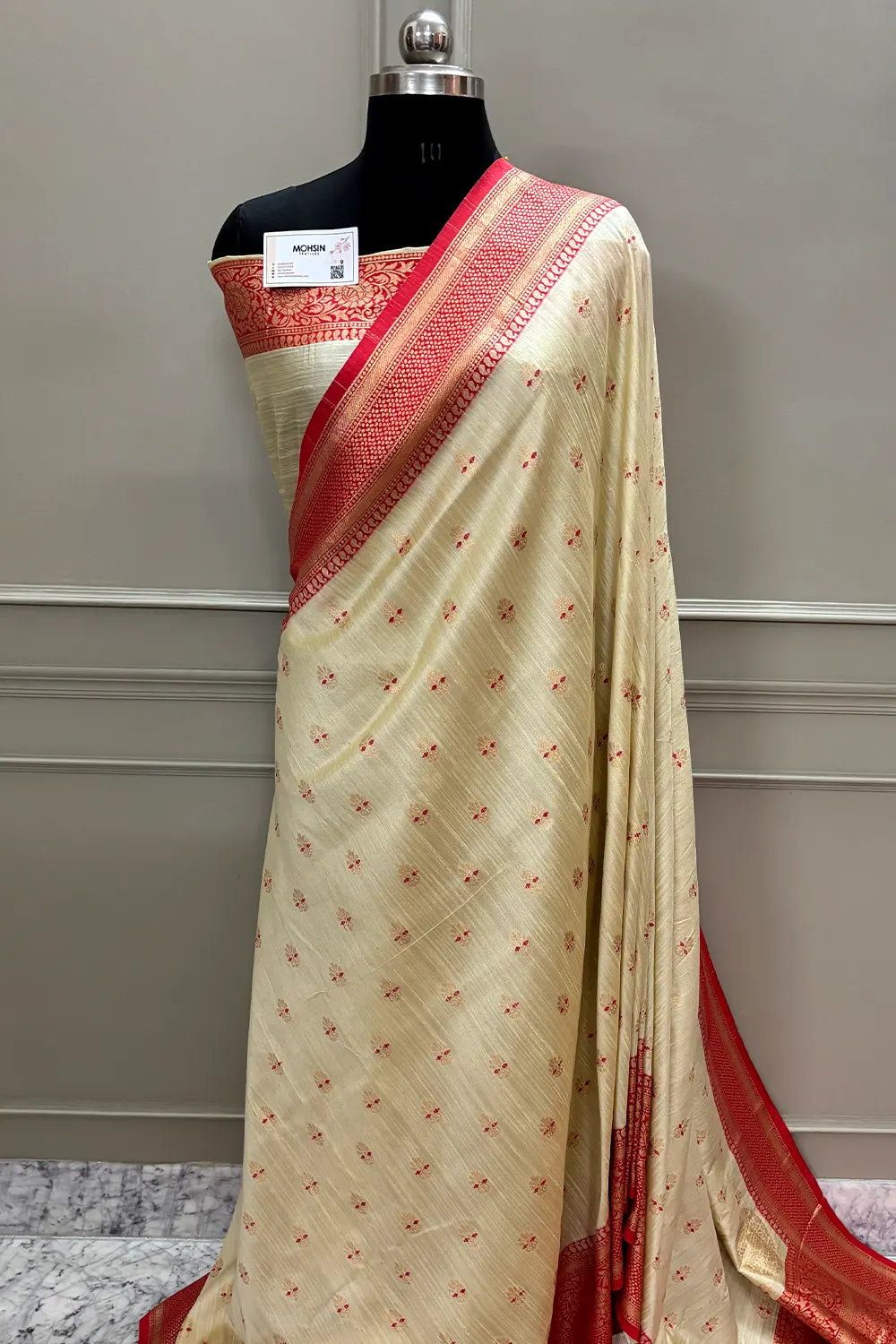 Beige and Red Golden Zari Linen Silk Banarasi Saree