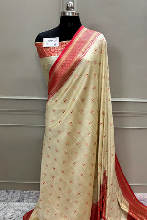 Beige and Red Golden Zari Linen Silk Banarasi Saree