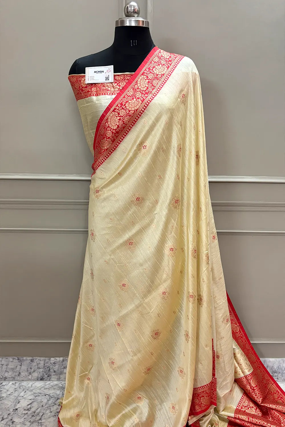 Beige and Red Golden Zari Linen Silk Banarasi Saree
