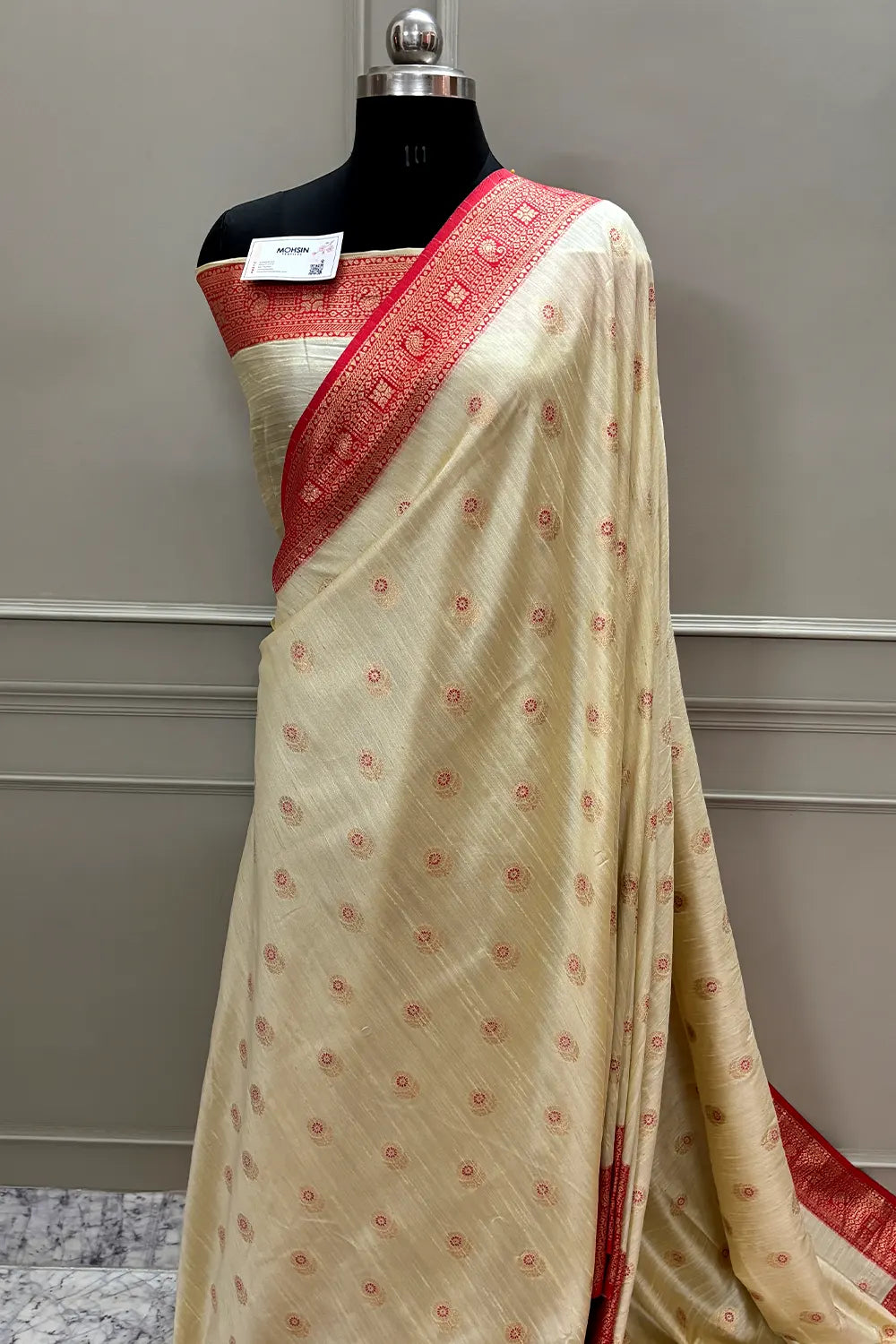 Beige and Red Golden Zari Linen Silk Banarasi Saree