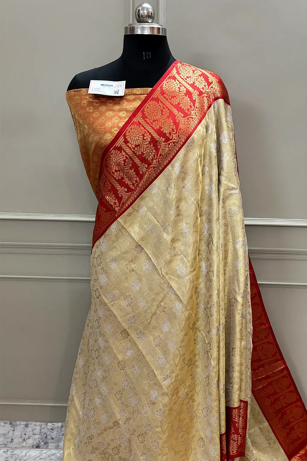 Beige and Red Golden Zari Tissue Silk Banarasi Saree