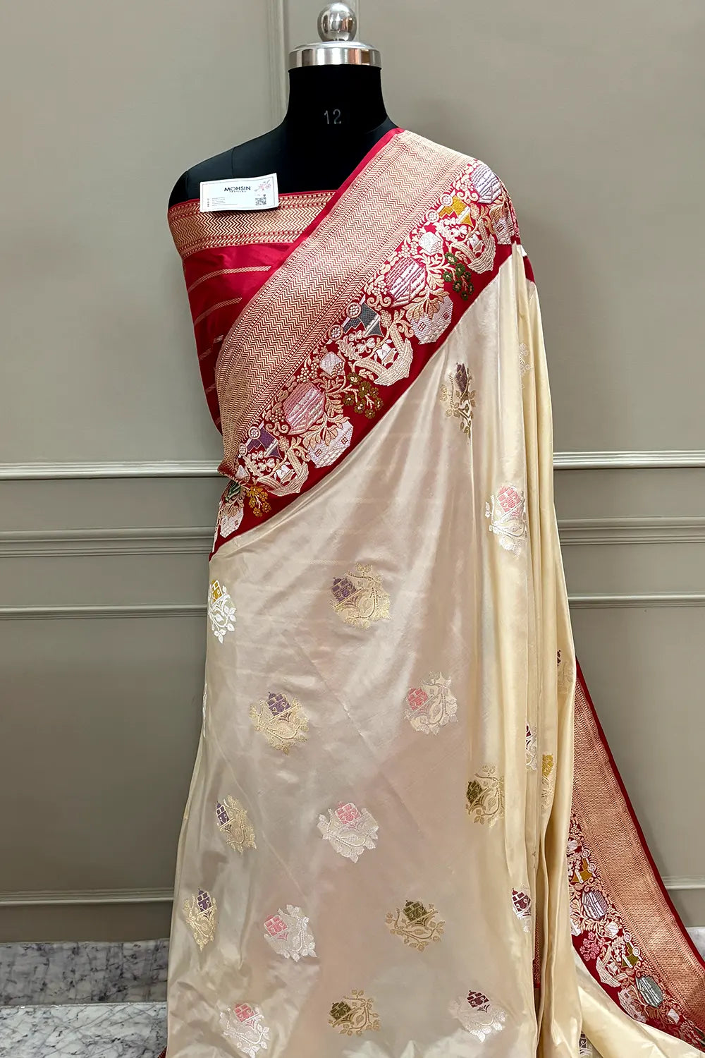 Beige and Red Handloom Pure Katan Silk Banarasi Saree