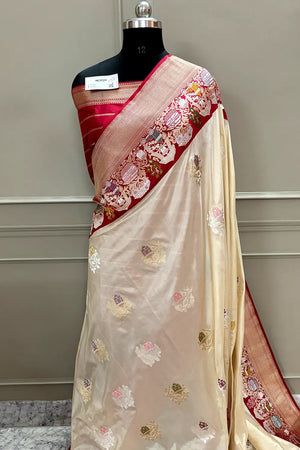 Beige and Red Handloom Pure Katan Silk Banarasi Saree
