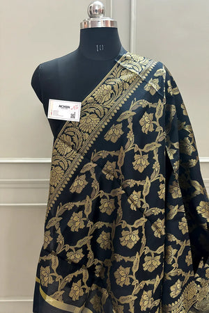 Black Golden Zari Satin Silk Banarasi Dupatta