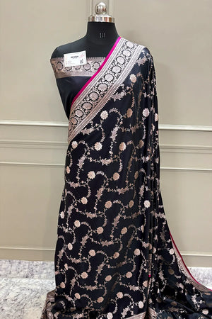 Black Makra Jaal Katan Silk Banarasi Saree