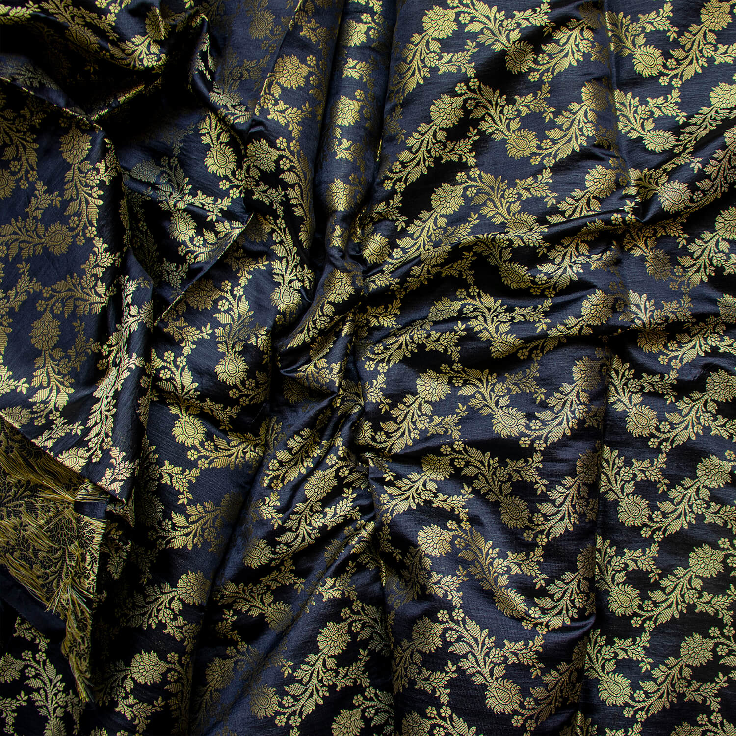 Black Stripe Golden Zari Satin Silk Fabric