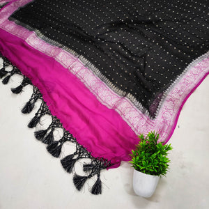 Black and Pink Silver Zari Georgette Banarasi Dupatta