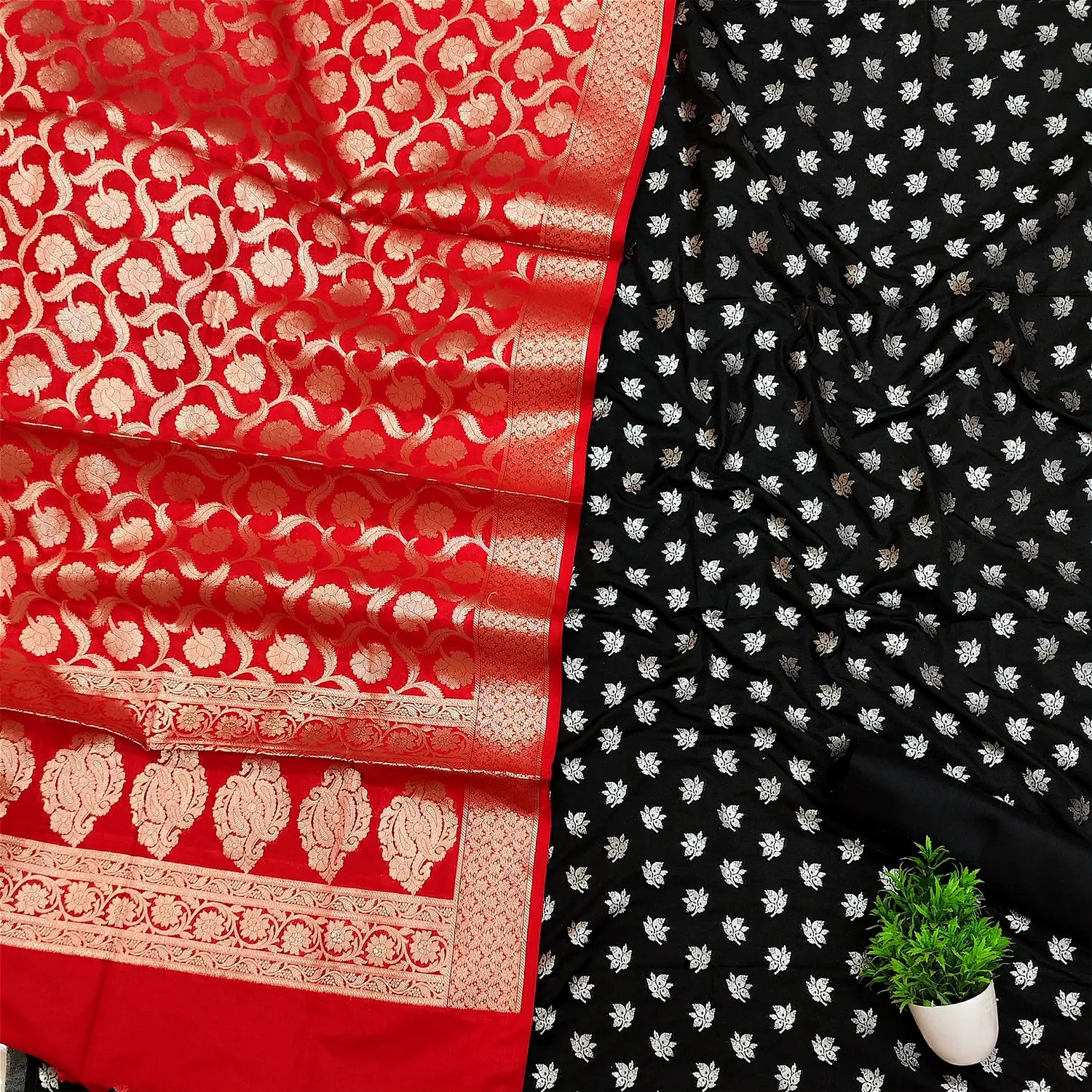 Black and Red Golden Zari Katan Silk Banarasi Suit