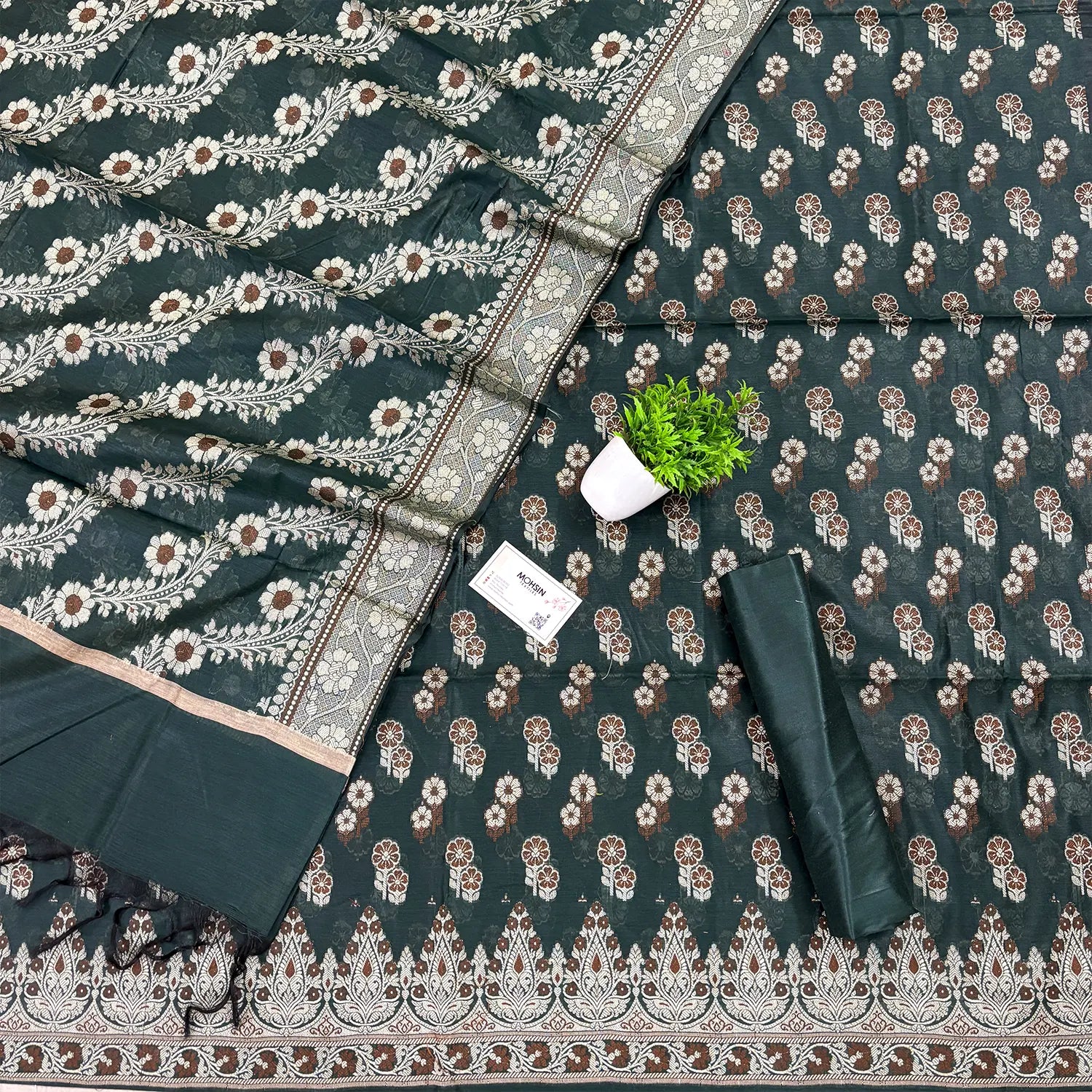 Bottle Green Fan Flower Banarasi Silk Suit