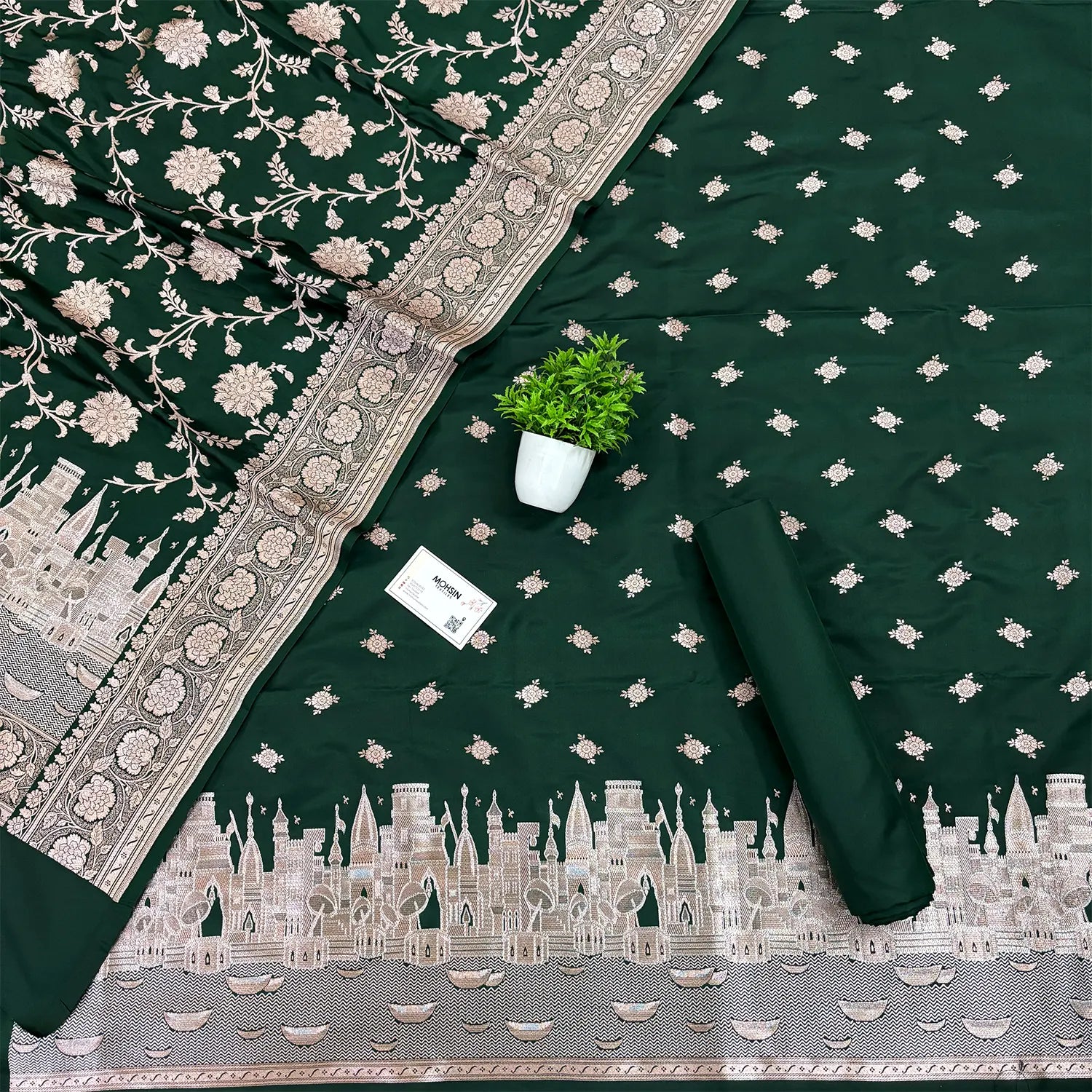 Bottle Green Ganga Ghat Katan Silk Banarasi Suit