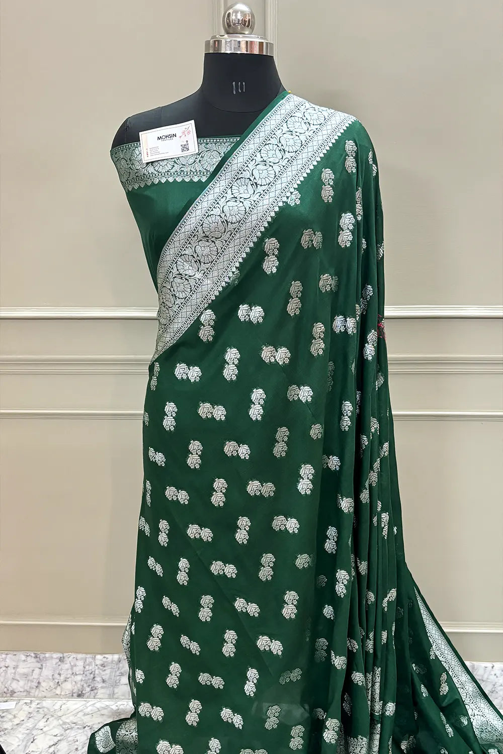 Bottle Green Golden Zari Georgette Silk Banarasi Saree