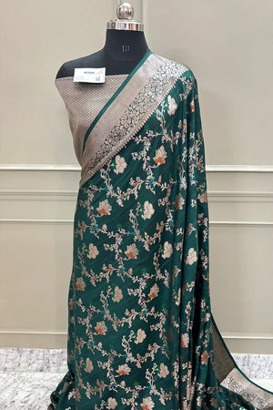 Bottle Green Golden Zari Silky Banarasi Saree