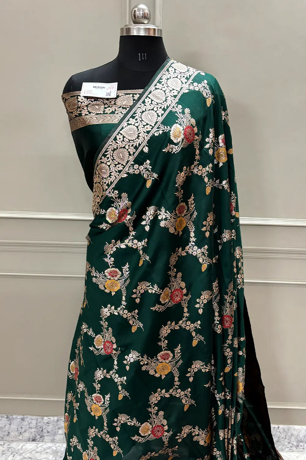 Bottle Green Golden Zari Silky Banarasi Saree