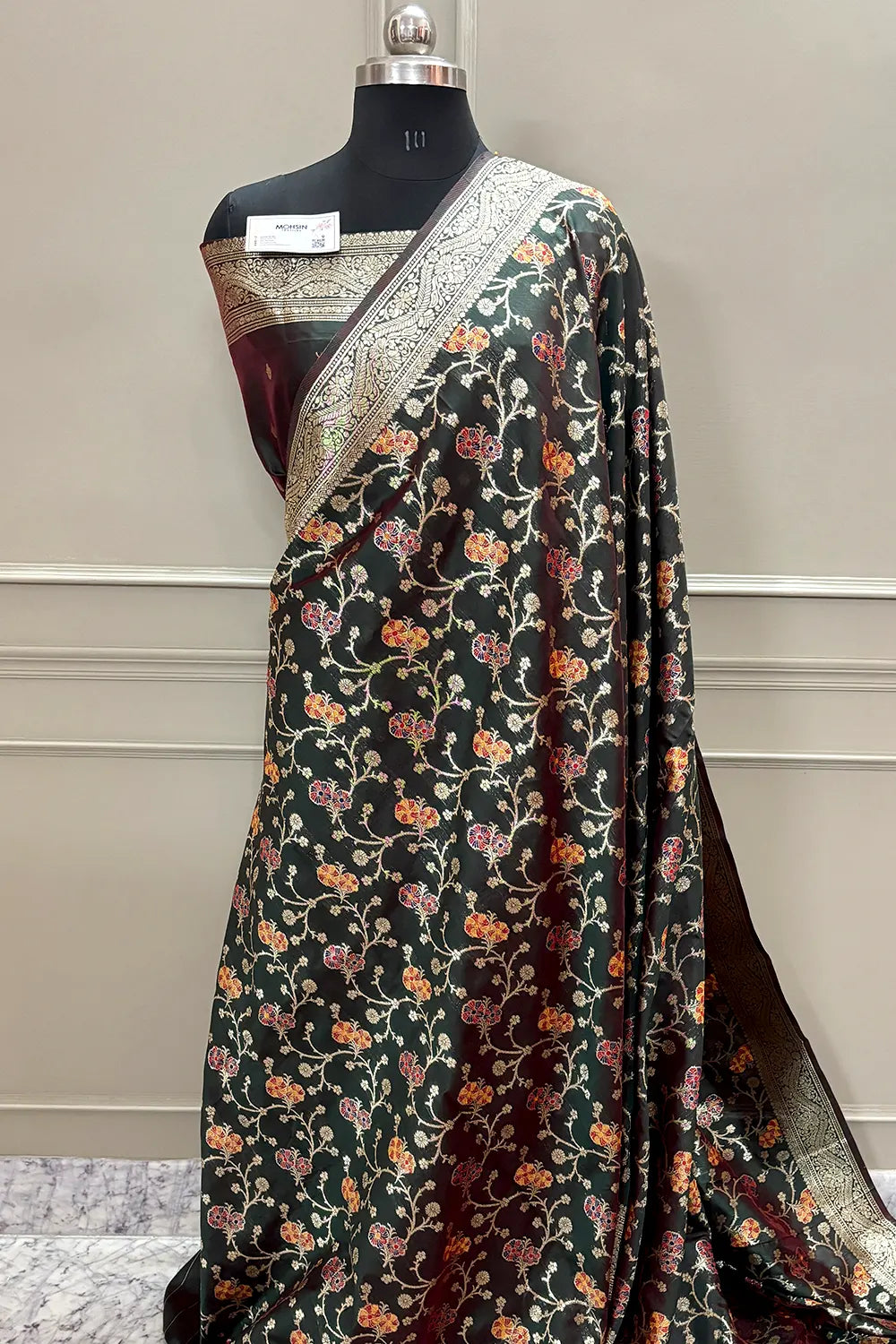 Bottle Green Golden Zari Silky Banarasi Saree