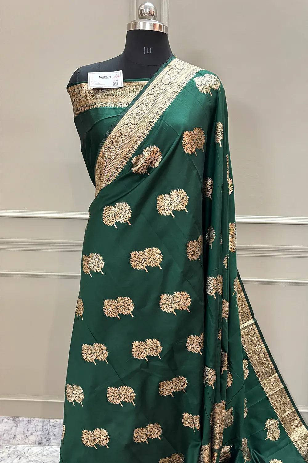 Bottle Green Golden Zari Silky Banarasi Saree