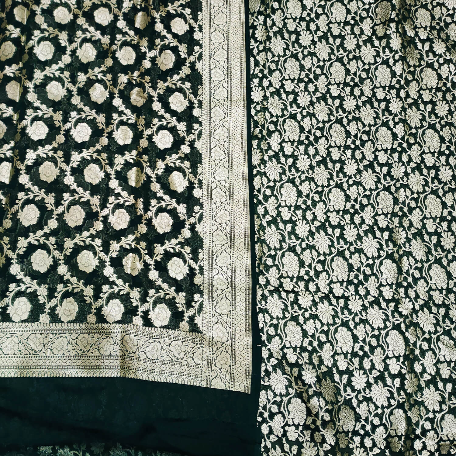 Bottle Green Handloom Georgette Silk Banarasi Suit