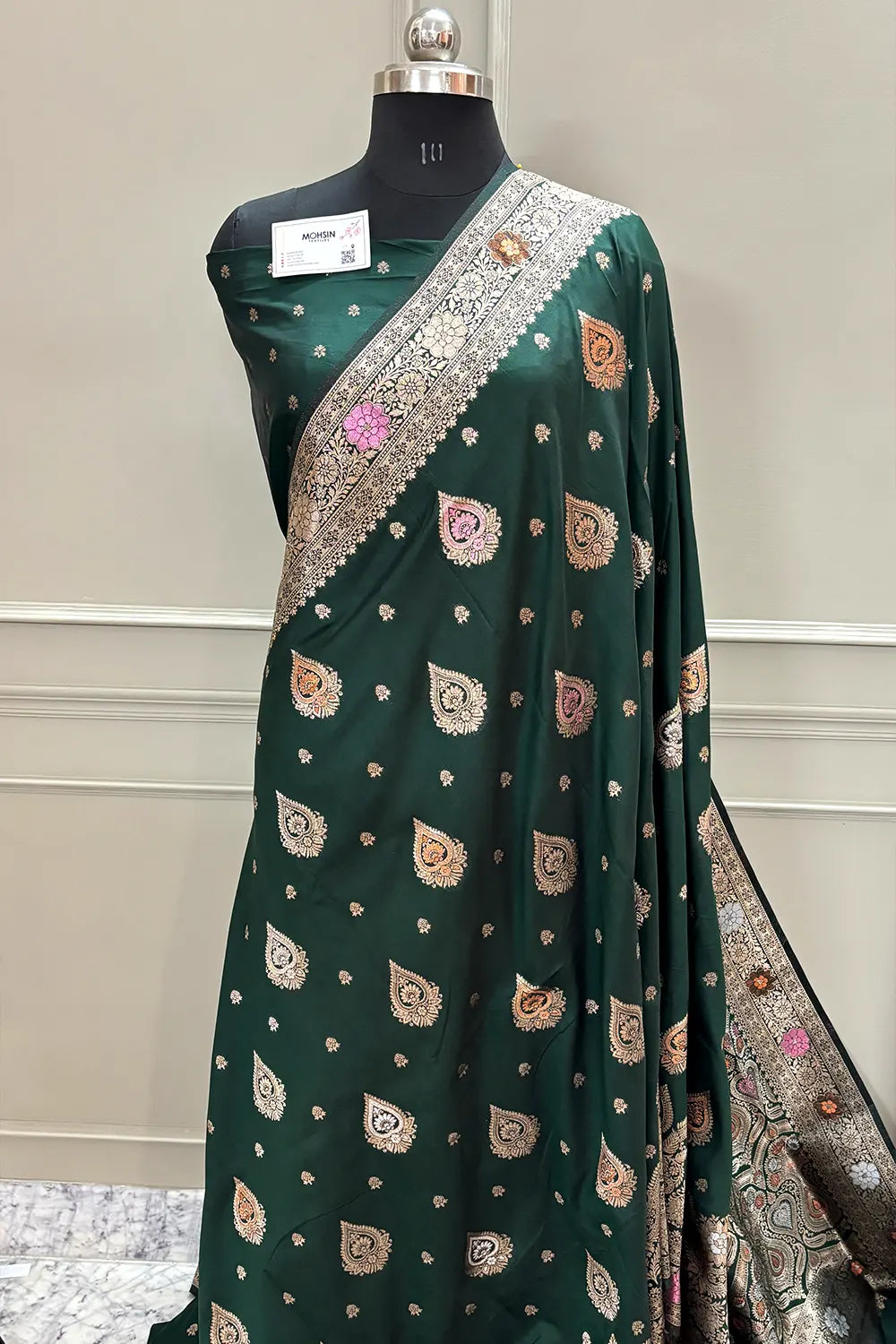 Bottle Green Resham Zari Silky Banarasi Saree