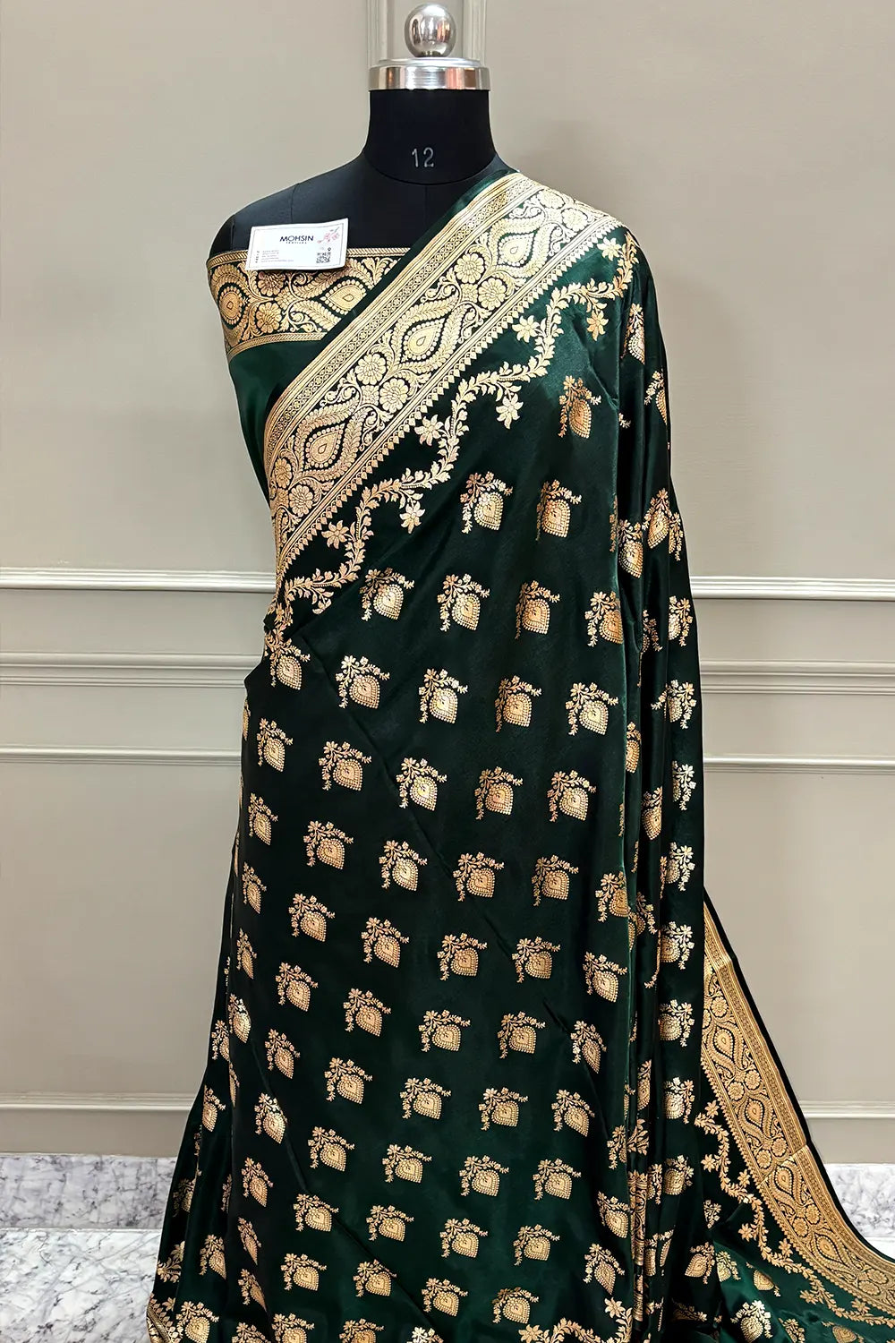 Bottle Green Ruby Buti Katan Silk Banarasi Saree