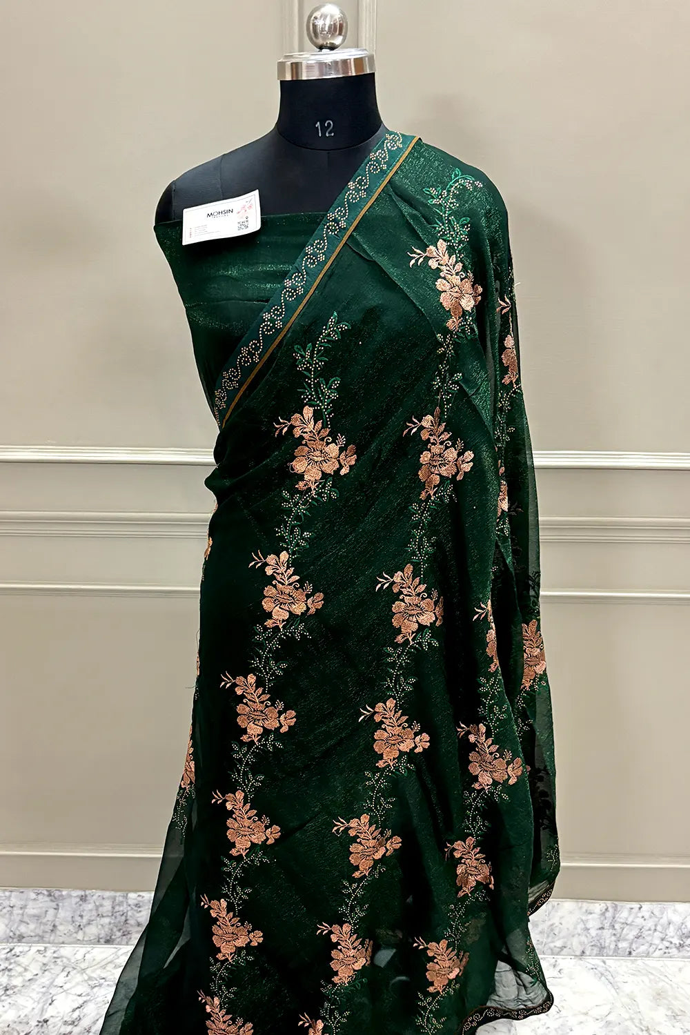 Bottle Green Embordiery Siroski Work Georgette Silk Saree