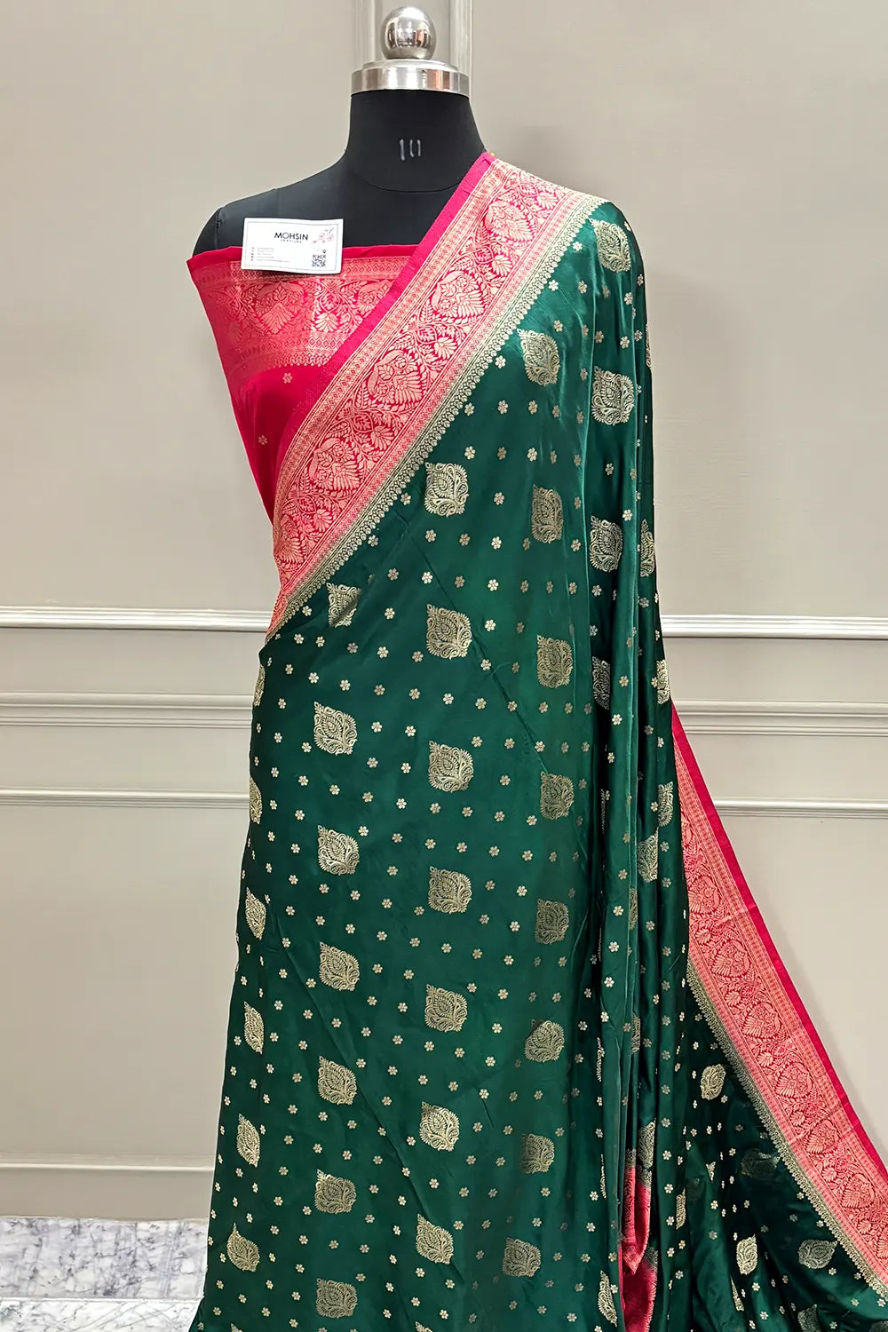 Bottle Green and Red Golden Zari Silky Banarasi Saree