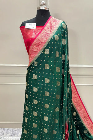 Bottle Green and Red Golden Zari Silky Banarasi Saree
