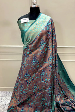 Coper and Teal Resham Zari Banarasi Silk Saree
