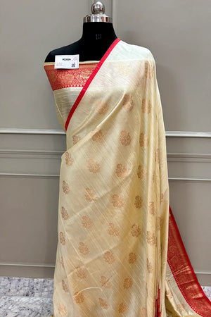 Cream and Red Golden Zari Linen Silk Banarasi Saree