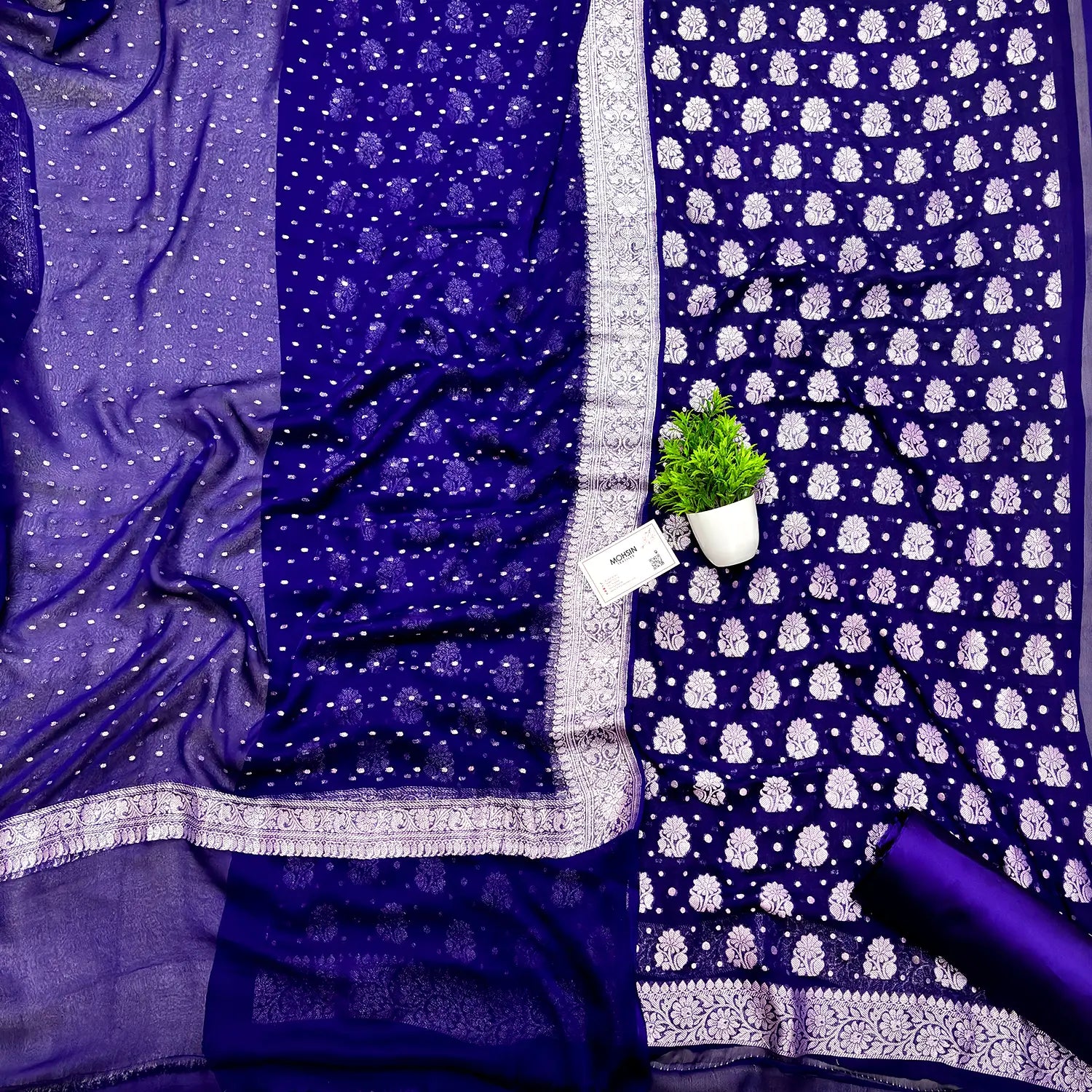 Dark Blue Handloom Georgette Silk Banarasi Suit