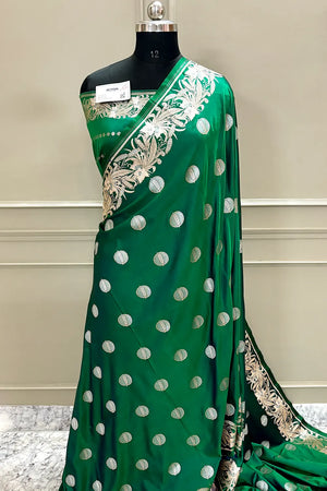 Emerald Green Golden Zari Katan Silk Banarasi Saree