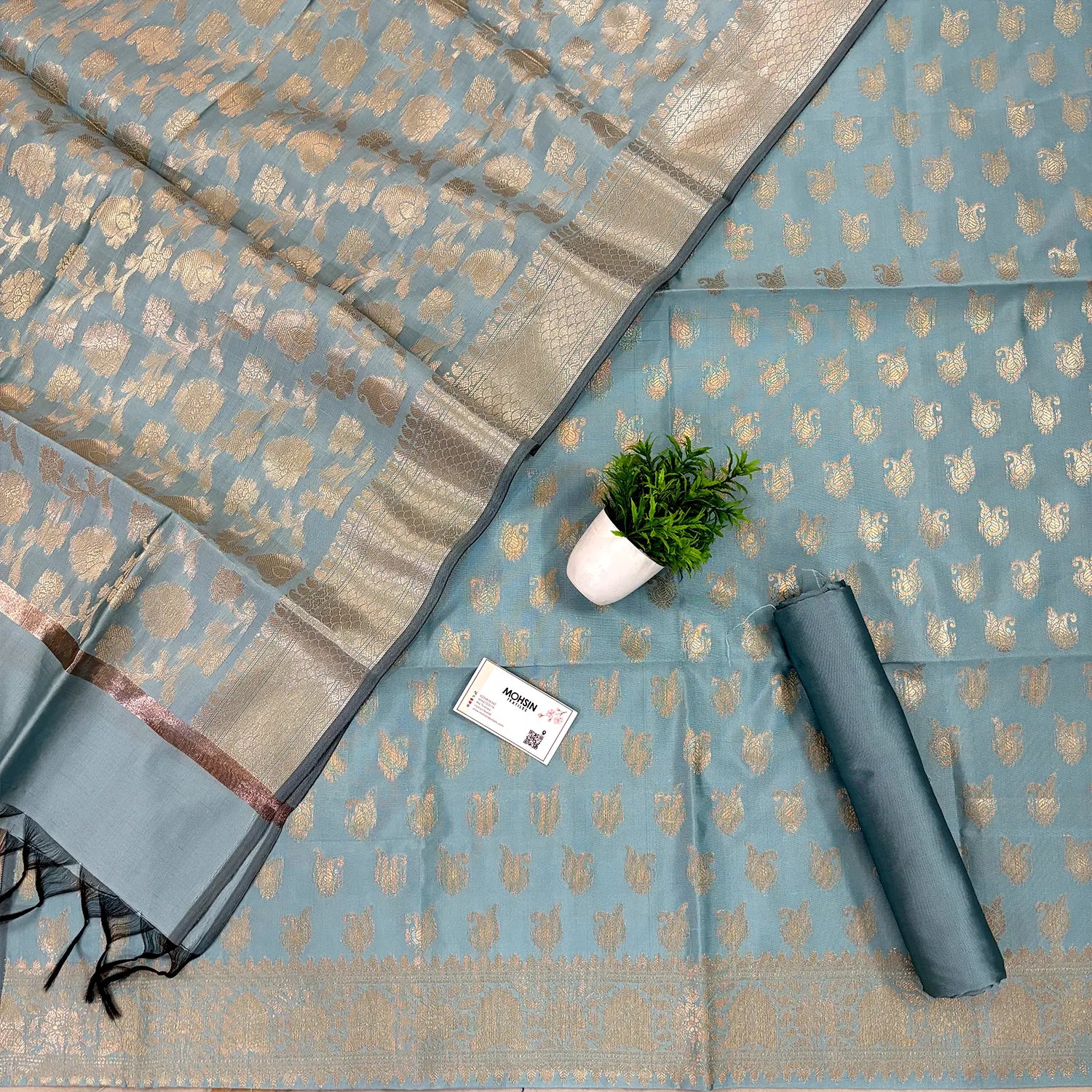 Firozi Chirag Buti Satin Silk Banarasi Suit