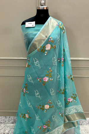 Firozi Embroidery Tissue Silk Banarasi Saree