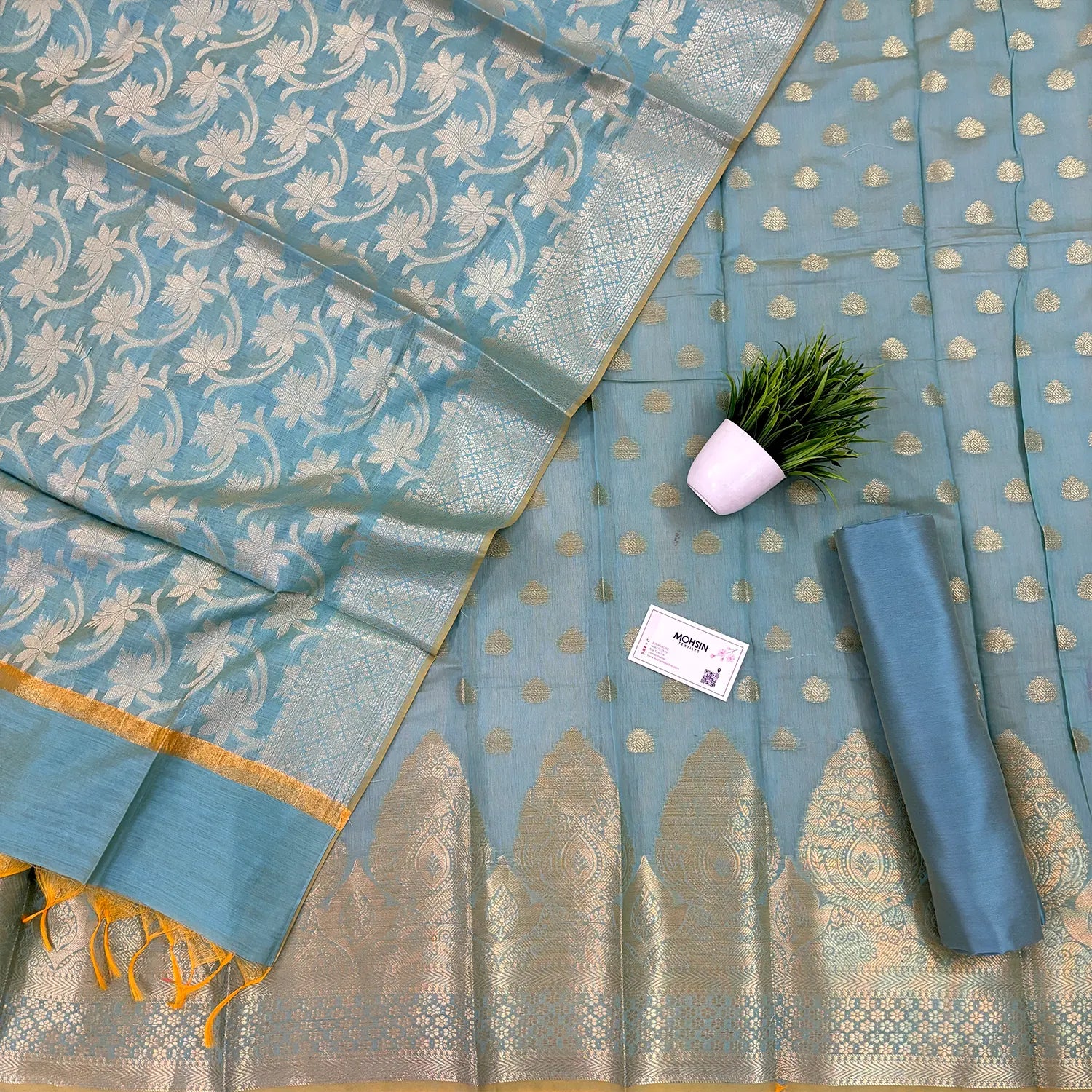 Firozi Golden Zari Banarasi Silk Suit