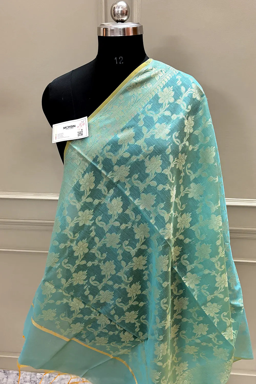 Firozi Golden Zari Banarasi Silk Dupatta